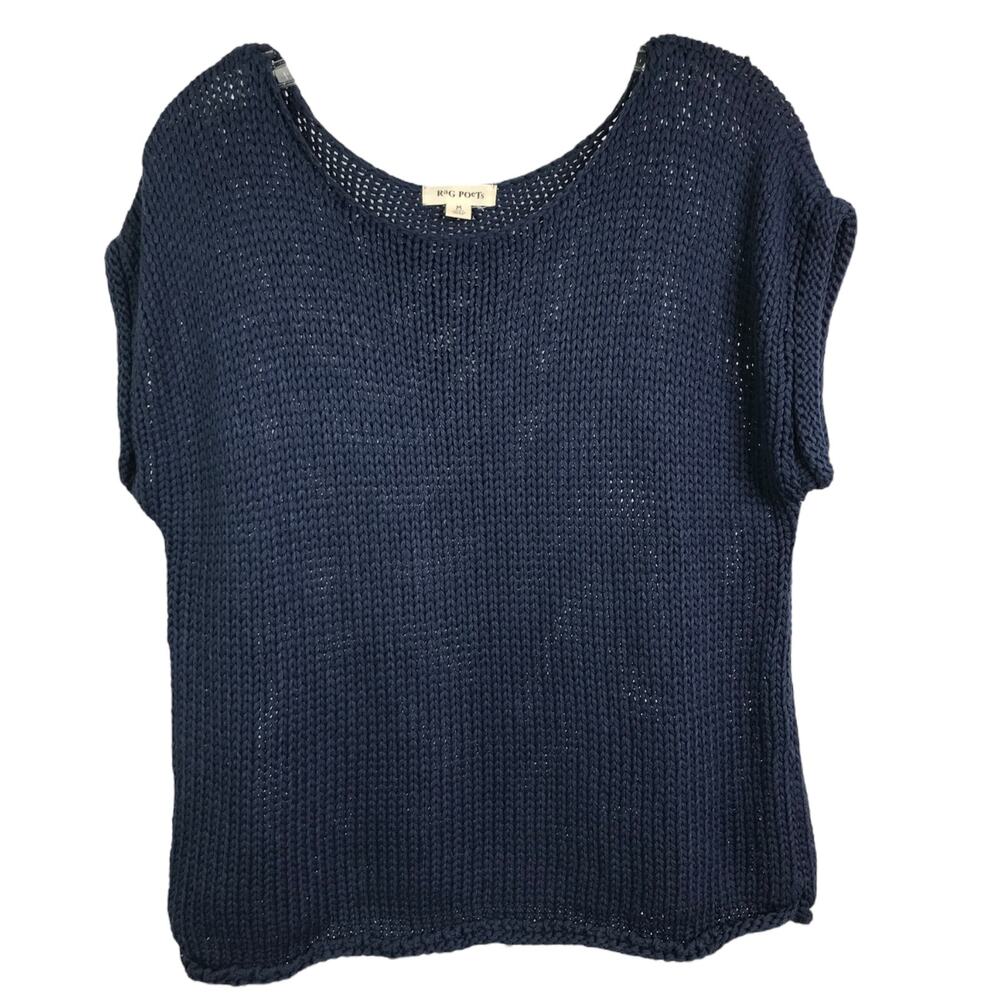 Rag Poets Sweater Womens Sz M Navy Blue Short Sleeve Cotton Knit Scoop Neck‎